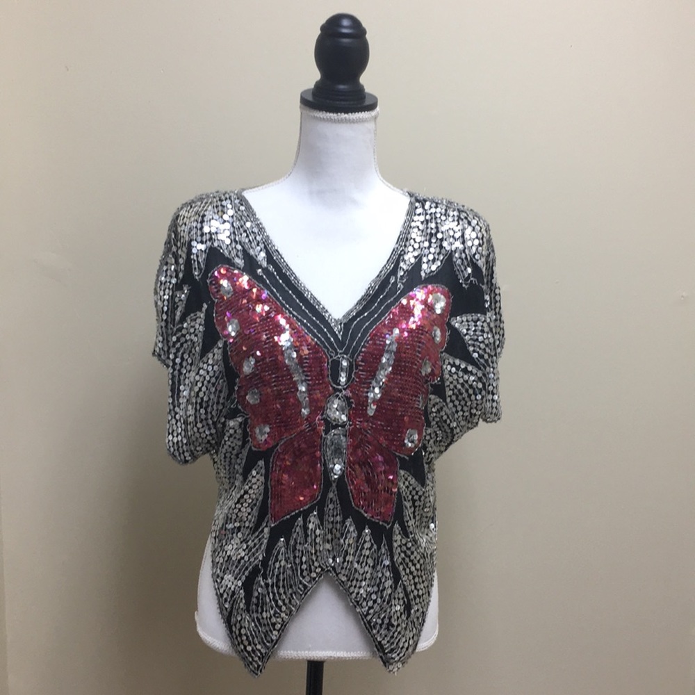 Vintage Butterfly Sequin Beaded Top - Picture 1 of 8